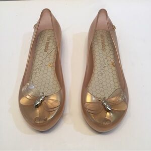 Mini Melissa Ballet Flats Girls 2 Pearly Rose Gold Sweet Love Bugs Slip On EUC